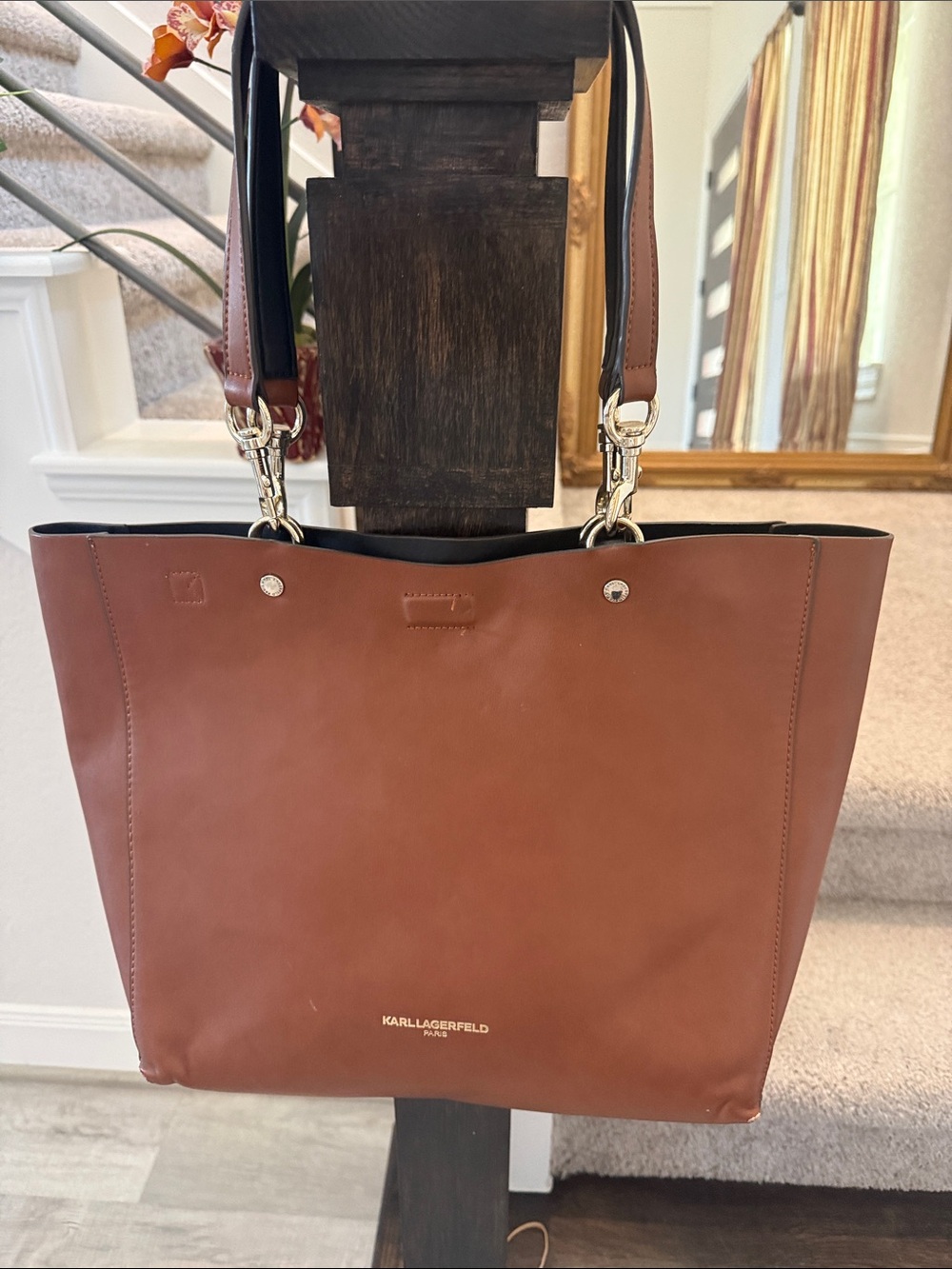 Karl Lagerfeld Brown Leather Tote with Contrast Handles